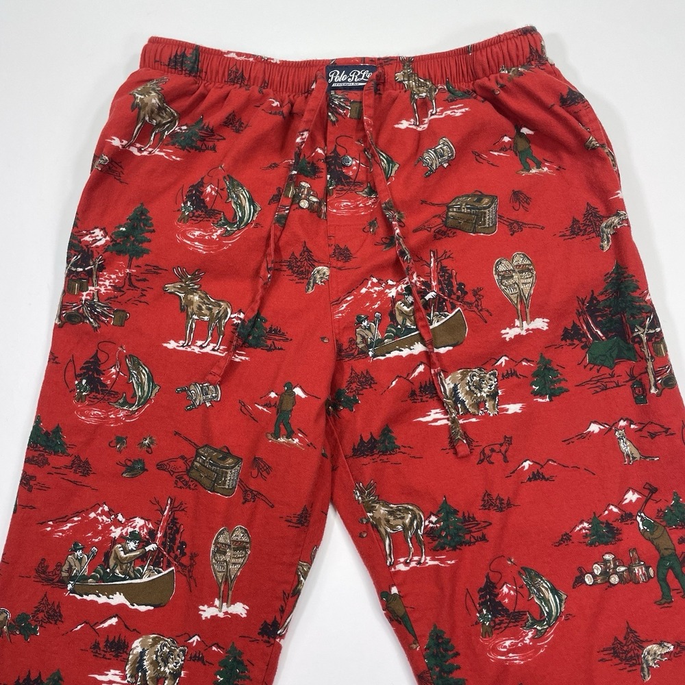 Polo Pajama Pants Mens Large 31x29 Red Moose Bear Print Christmas Winter Elastic